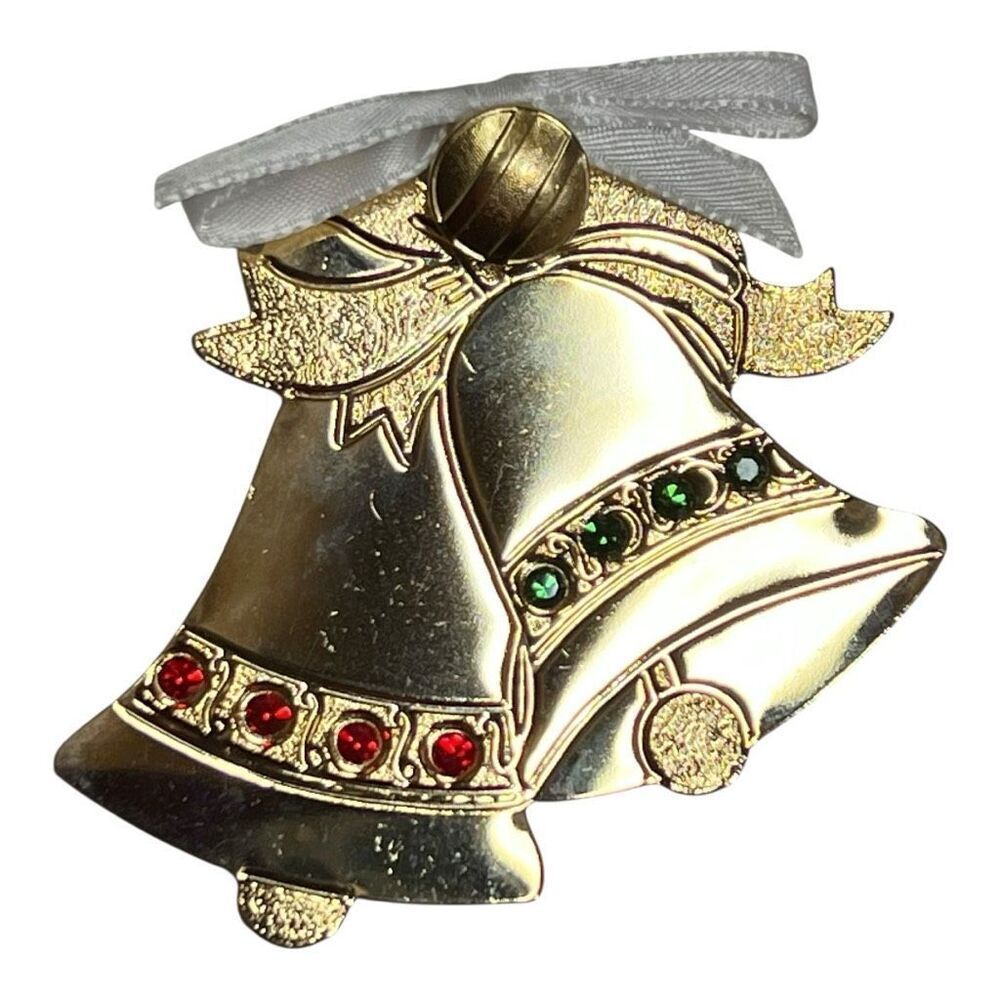 Christmas Double Bells Rhinestone Bow Holiday Christmas Brooch Goldtone vintage